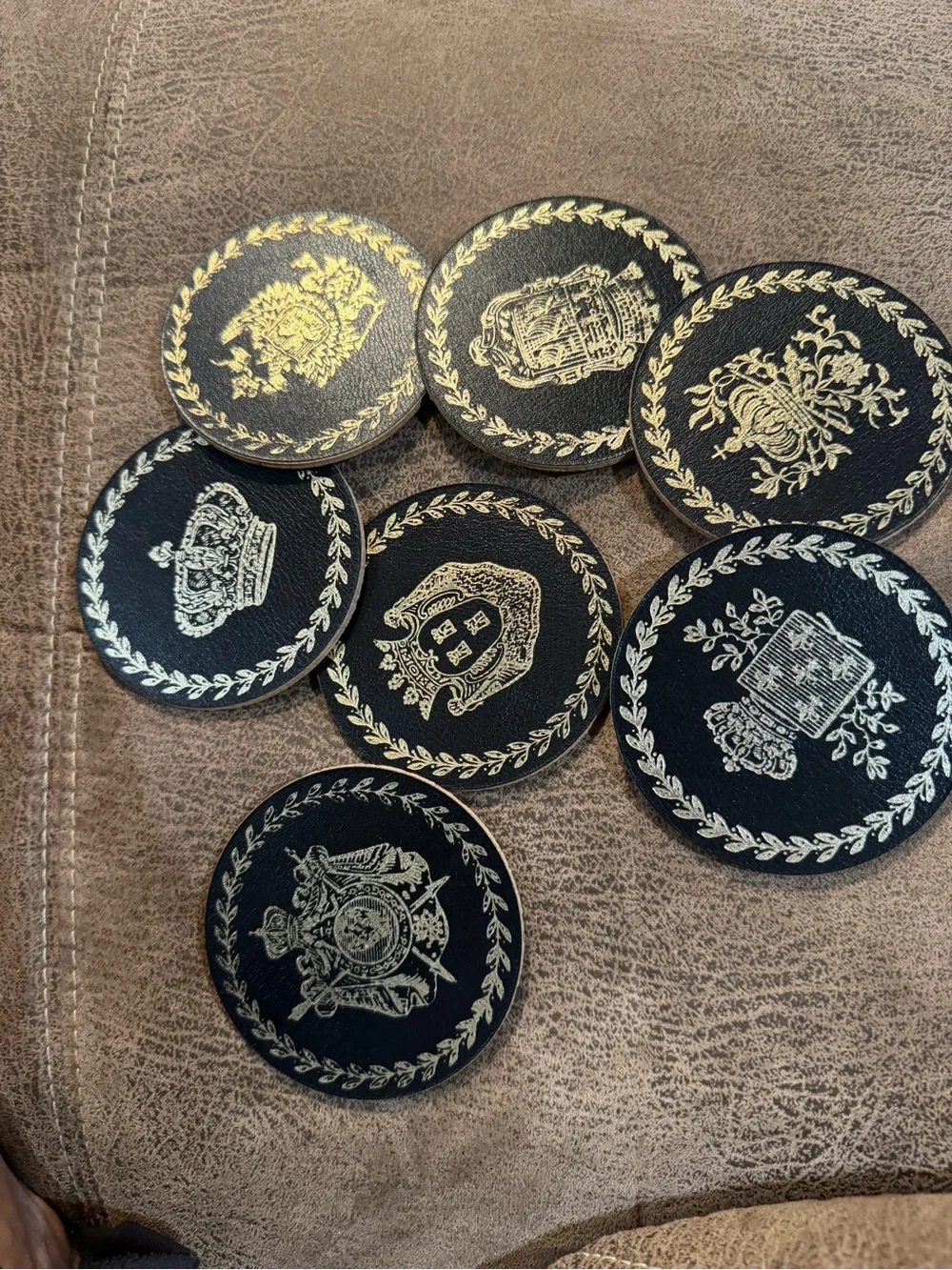 Decorative Black and Gold Leather Coasters - Set of 8
